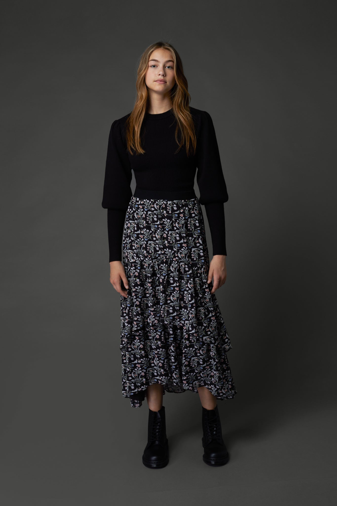 Layered Skirt in Print on Black #1633BPB