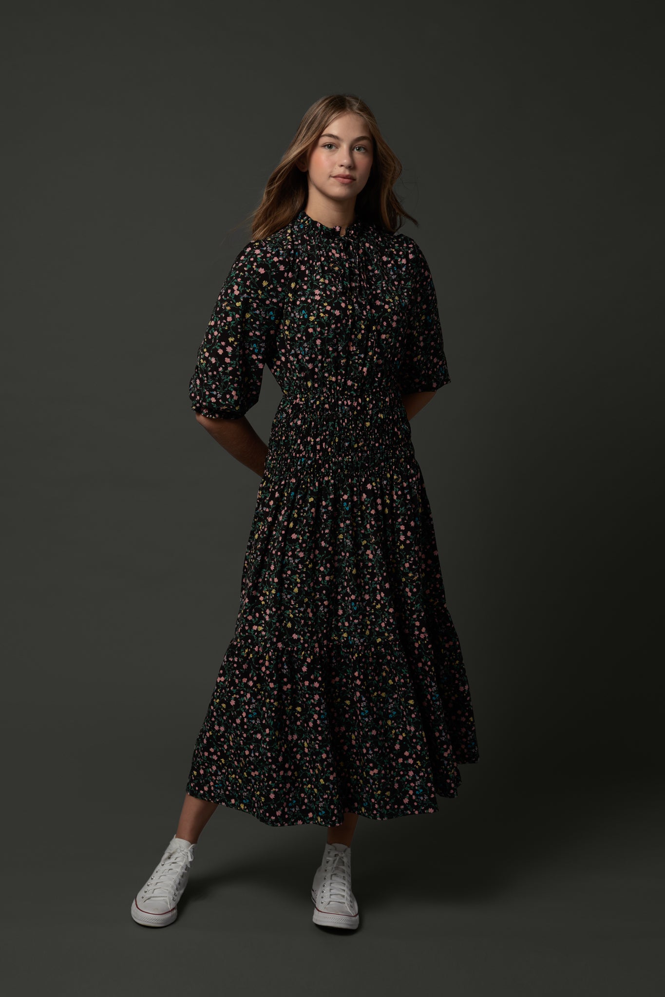 Stella Dress in Small Flowers on Black #7942YPB FINAL SALE