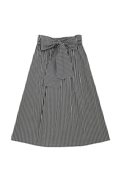Black and white checkered skirt with a tie waist on a white background