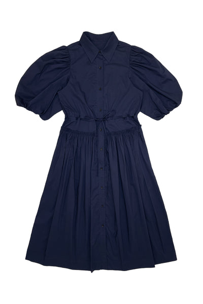 Navy blue dress with puff sleeves on a white background