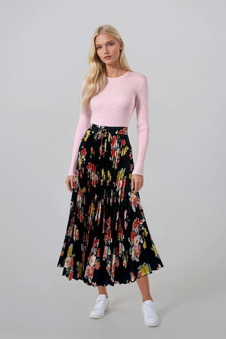 Klara Skirt Pink Yellow Flowers on Black #8213CP FINAL SALE