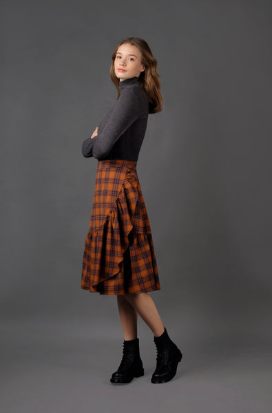 Cognac Plaid Ruffle Skirt